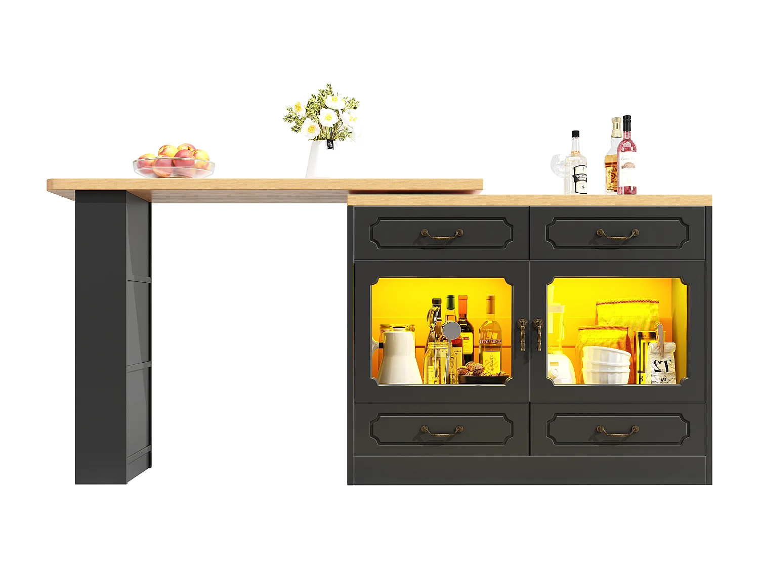 Meuble de bar moderne rotative à 360° - avec LED - 203x39x93cm - 4 tiroirs et 2 portes - avec étagères latérales - noir