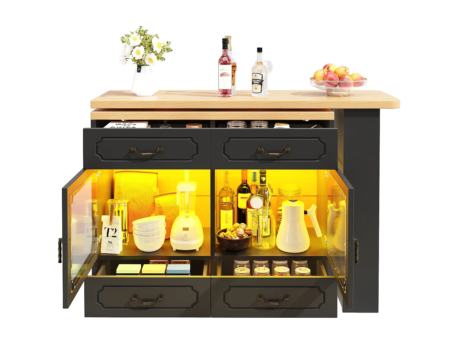 Meuble de bar moderne rotative à 360° - avec LED - 203x39x93cm - 4 tiroirs et 2 portes - avec étagères latérales - noir