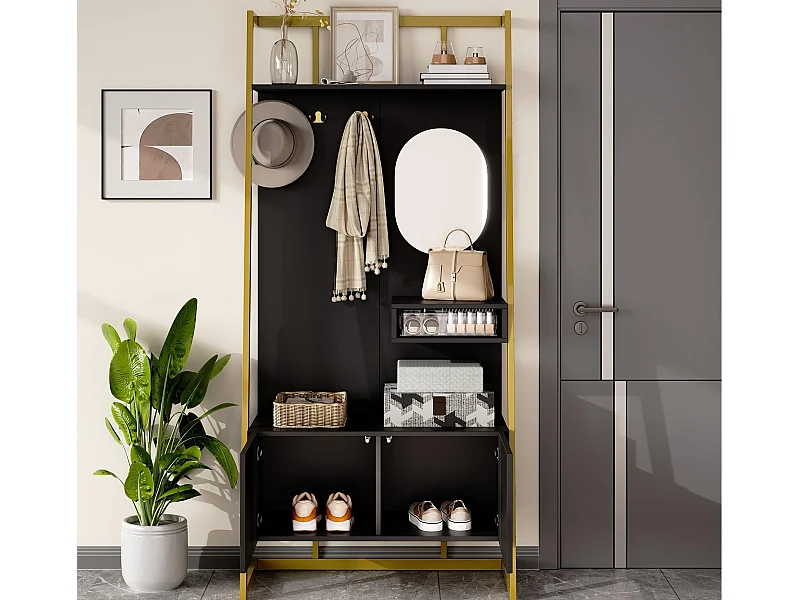 Ensemble vestiaire d'entrée 78x38,5x180,5cm - avec miroir et crochets - Meuble à chaussures - avec étagères - Noir