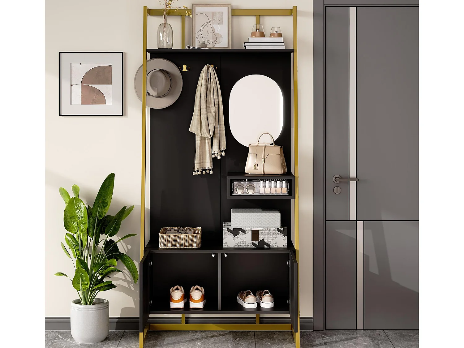 Ensemble vestiaire d'entrée 78x38,5x180,5cm - avec miroir et crochets - Meuble à chaussures - avec étagères - Noir