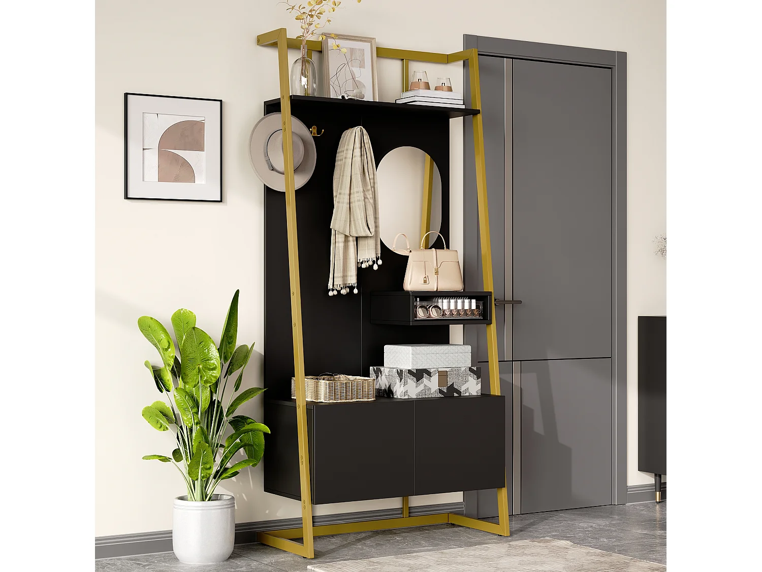 Ensemble vestiaire d'entrée 78x38,5x180,5cm - avec miroir et crochets - Meuble à chaussures - avec étagères - Noir