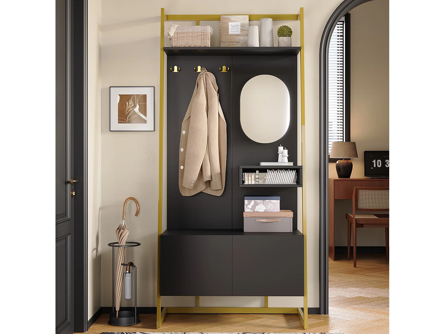 Ensemble vestiaire d'entrée 78x38,5x180,5cm - avec miroir et crochets - Meuble à chaussures - avec étagères - Noir