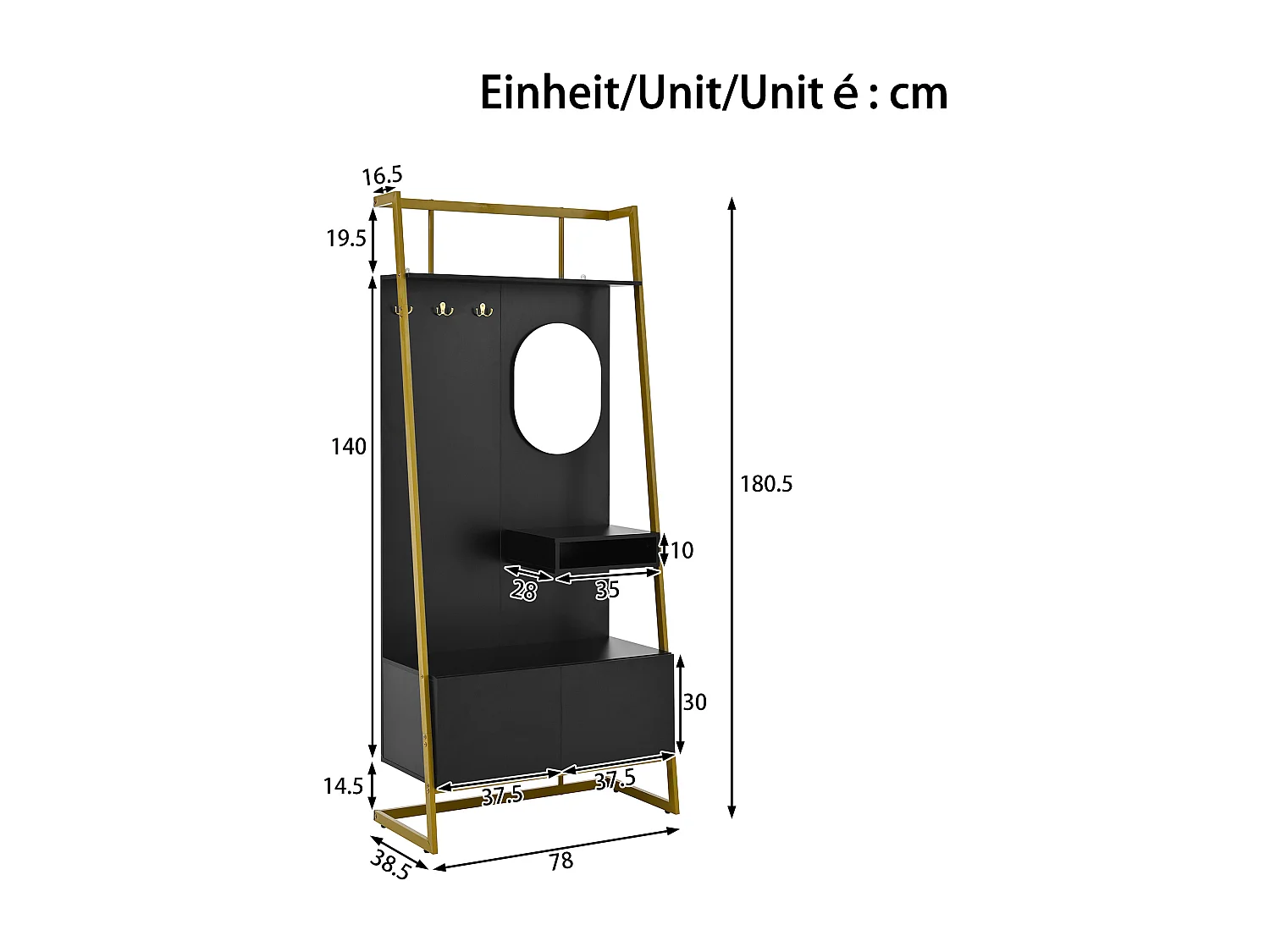 Ensemble vestiaire d'entrée 78x38,5x180,5cm - avec miroir et crochets - Meuble à chaussures - avec étagères - Noir