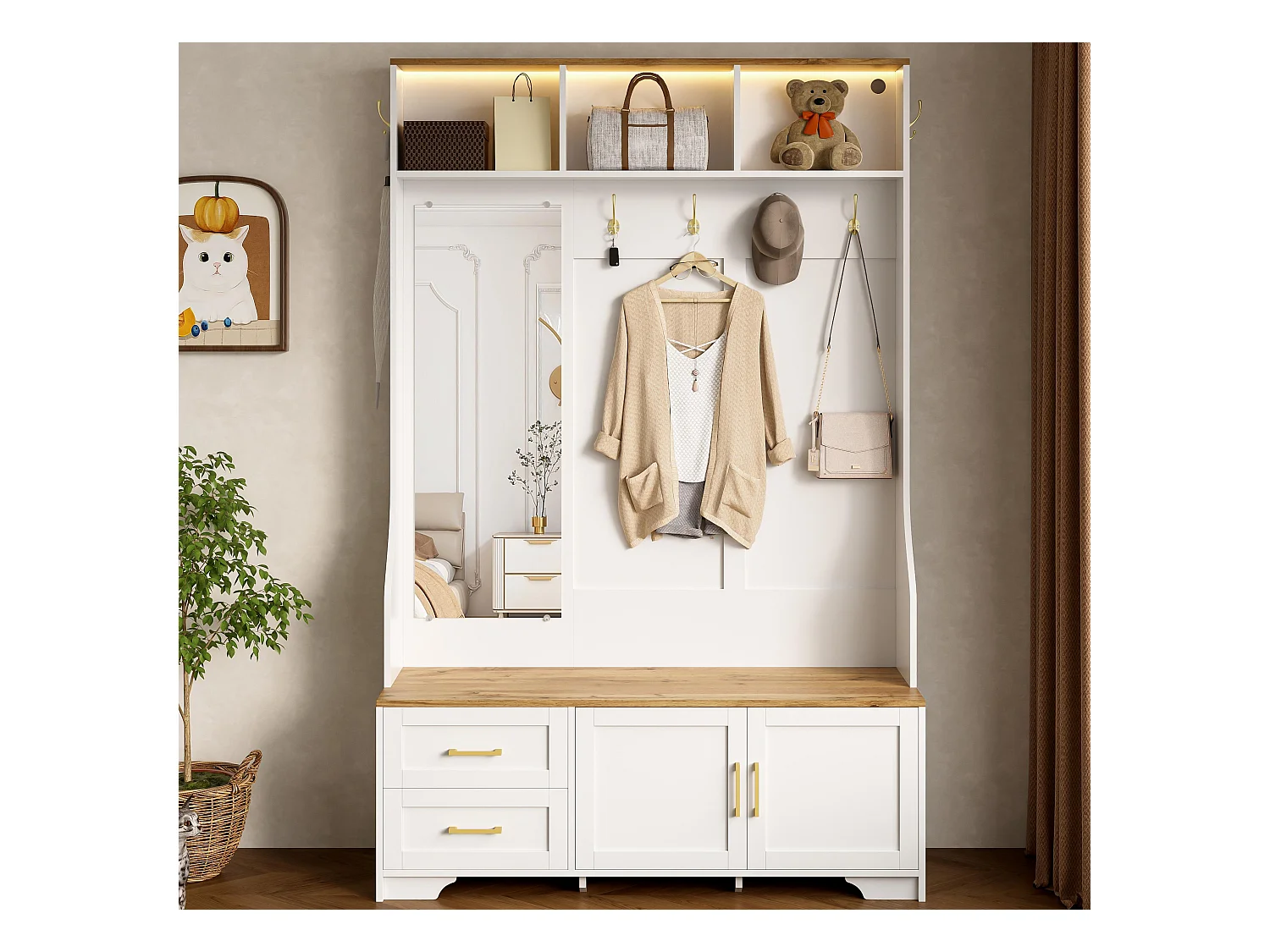Ensemble vestiaire d'entrée 120x40x187 cm - Miroir et crochets - avec LED - Meuble à chaussures - Blanc + Naturel