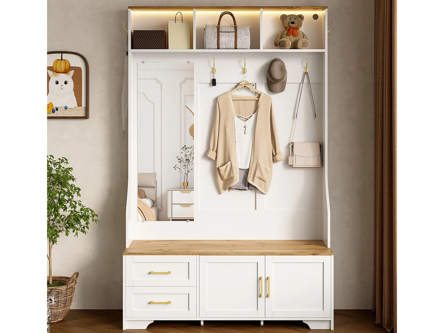 Set ingresso 120x40x187 cm - Specchio e ganci - con LED - Mobile per scarpe - Bianco + Naturale