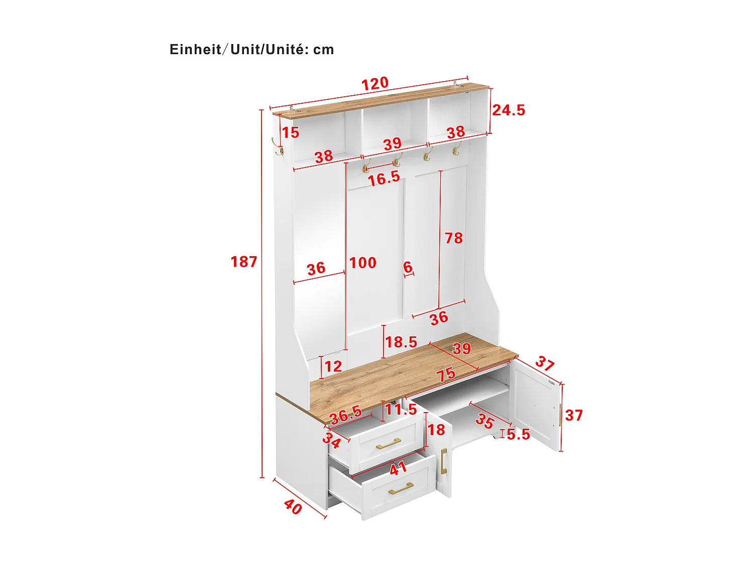 Set ingresso 120x40x187 cm - Specchio e ganci - con LED - Mobile per scarpe - Bianco + Naturale