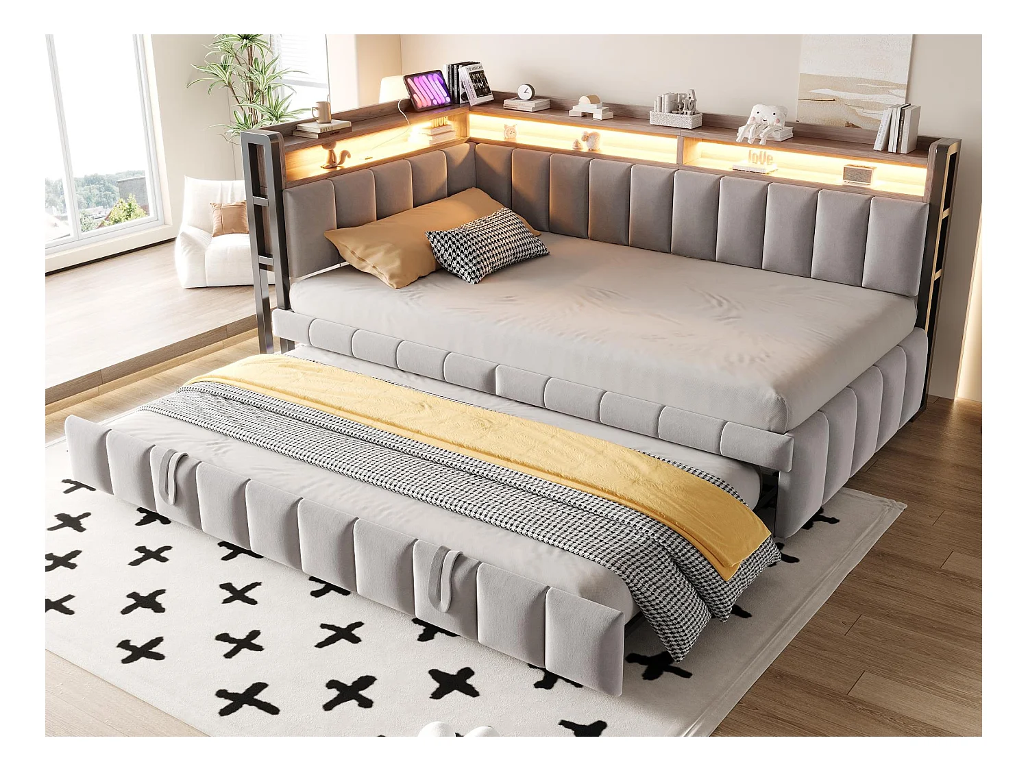 Canapé-lit rembourré 90x200 cm - avec lit gigogne - éclairage LED - ports USB et Type-C - gris clair (matelas non inclus)