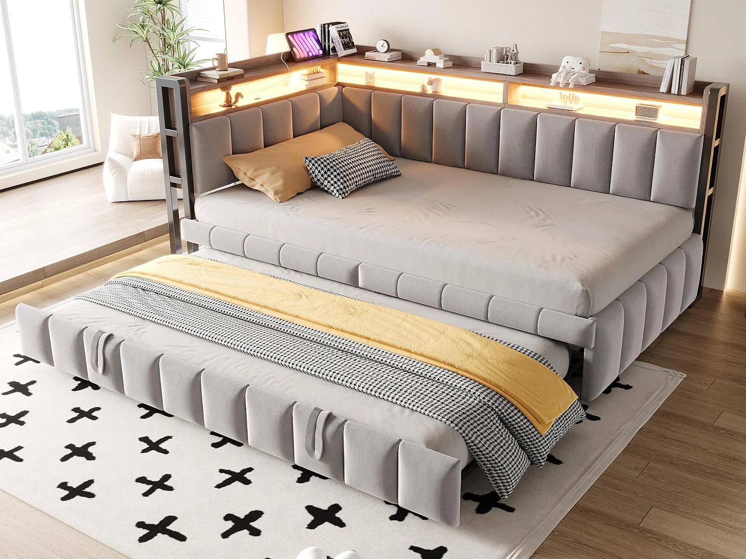Sofá-cama estofado 90x200 cm - Com cama retrátil - iluminação LED - portas USB e Type-C - cinza claro (colchão não incluído)
