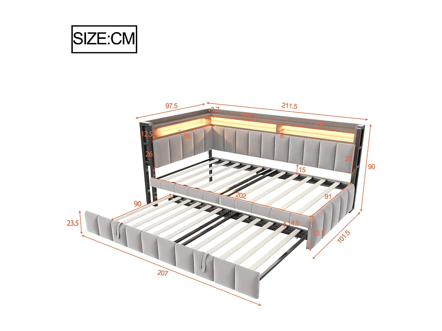 Sofá-cama estofado 90x200 cm - Com cama retrátil - iluminação LED - portas USB e Type-C - cinza claro (colchão não incluído)