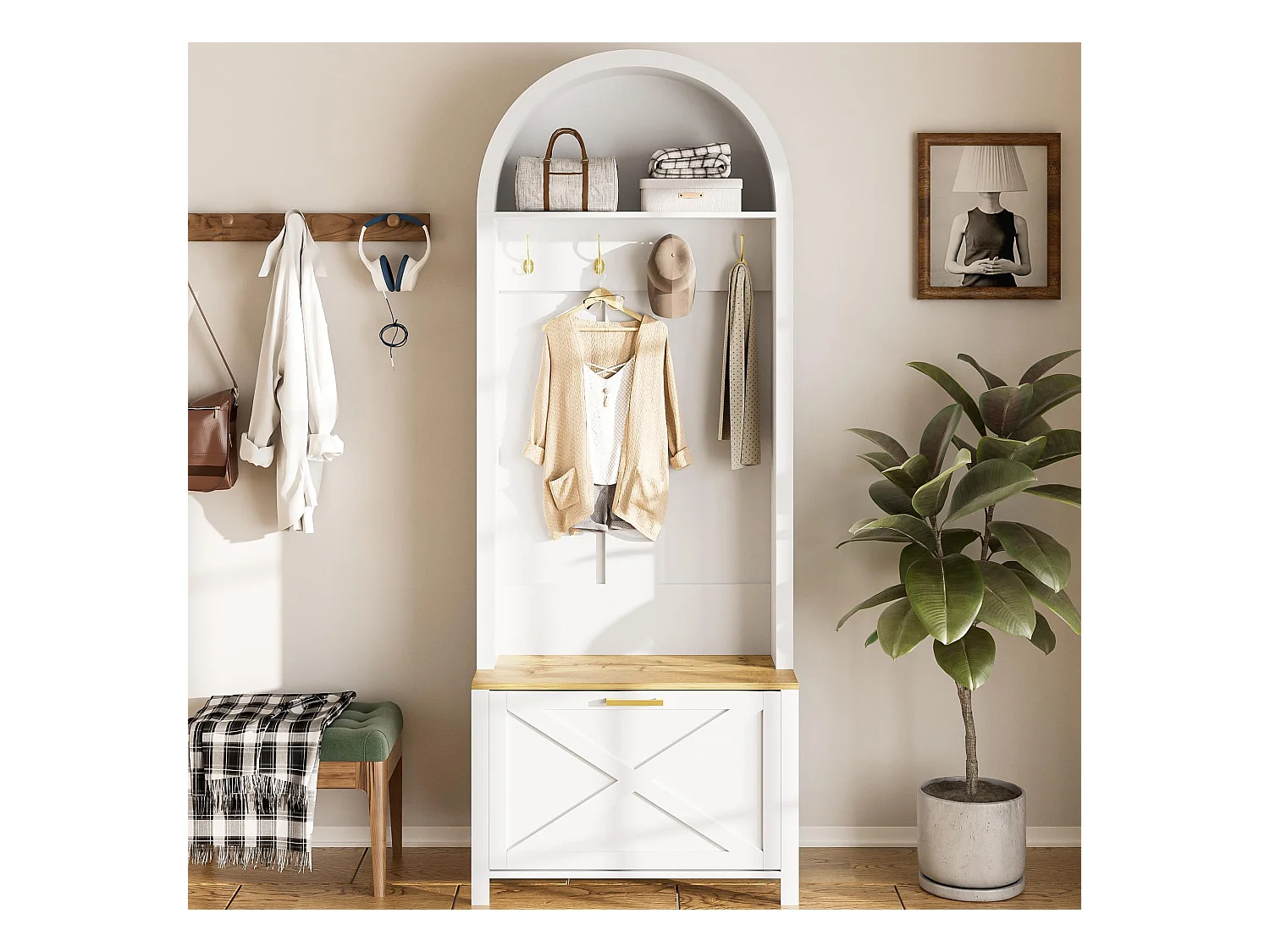 Ensemble vestiaire d'entrée 75x35x195 cm - avec meuble à chaussures et crochets - avec étagères - Blanc