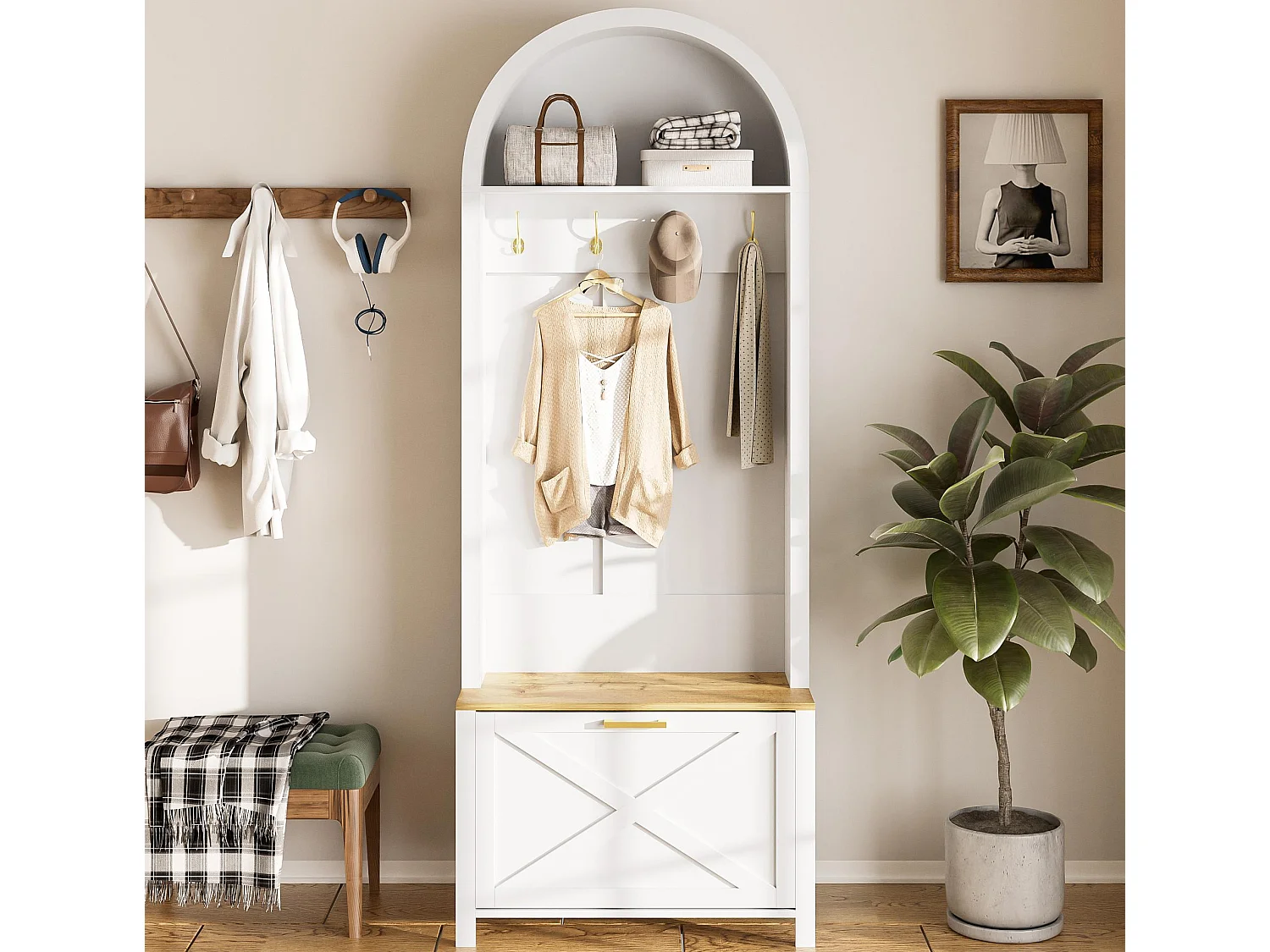 Ensemble vestiaire d'entrée 75x35x195 cm - avec meuble à chaussures et crochets - avec étagères - Blanc