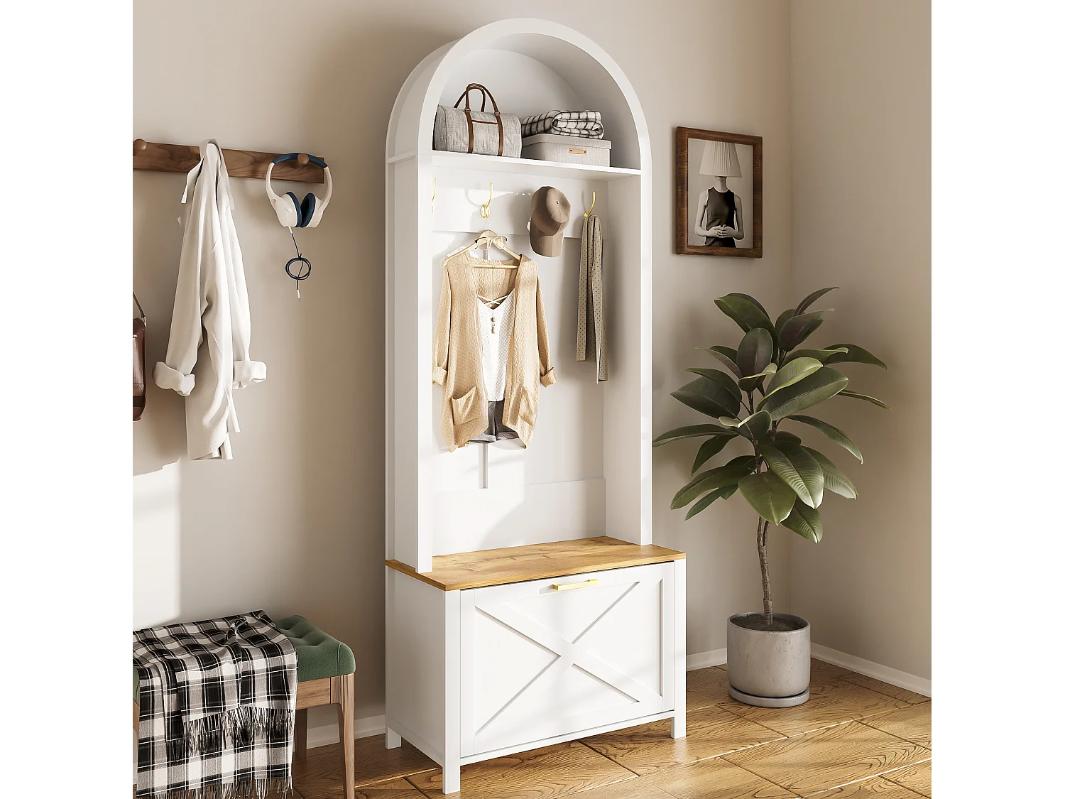 Ensemble vestiaire d'entrée 75x35x195 cm - avec meuble à chaussures et crochets - avec étagères - Blanc