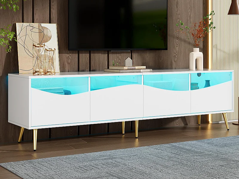 Moderner TV-Schrank 180x40x50 cm - 4 Schubladen - mit LED-Beleuchtung - Metallfüße - Glasfront - Weiß