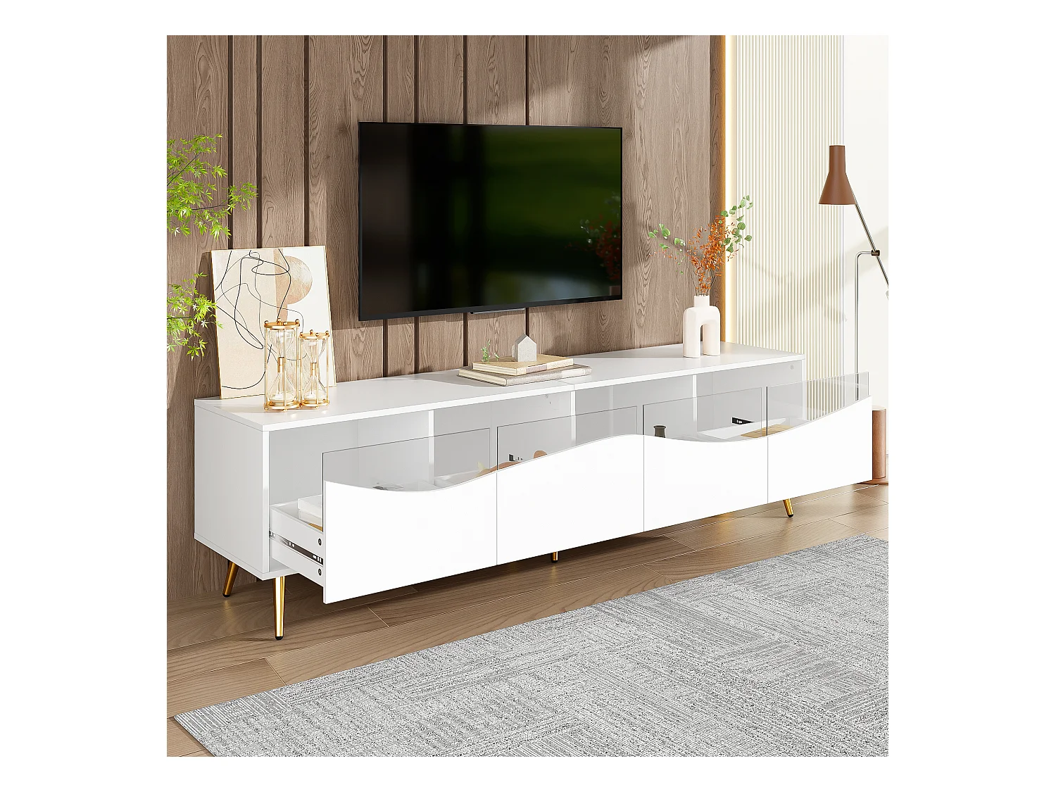 Meuble TV moderne 180x40x50 cm - 4 tiroirs - avec éclairage LED - Pieds métal - Façade verre - Blanc