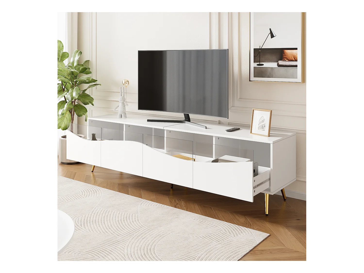 Meuble TV moderne 180x40x50 cm - 4 tiroirs - avec éclairage LED - Pieds métal - Façade verre - Blanc