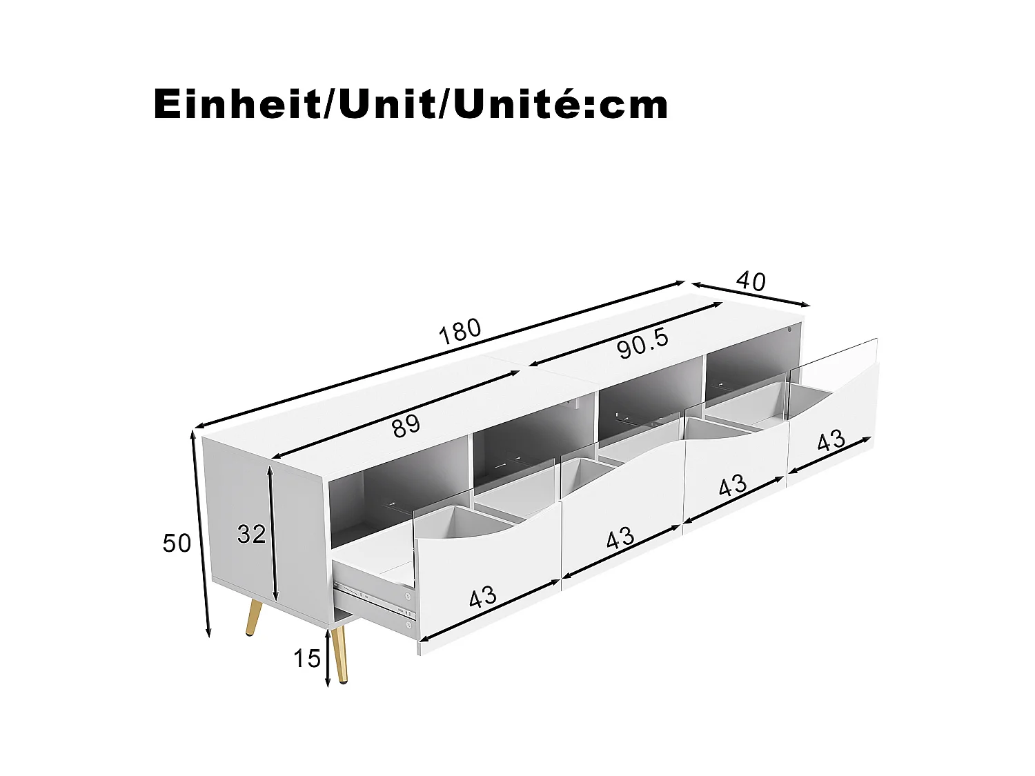 Meuble TV moderne 180x40x50 cm - 4 tiroirs - avec éclairage LED - Pieds métal - Façade verre - Blanc