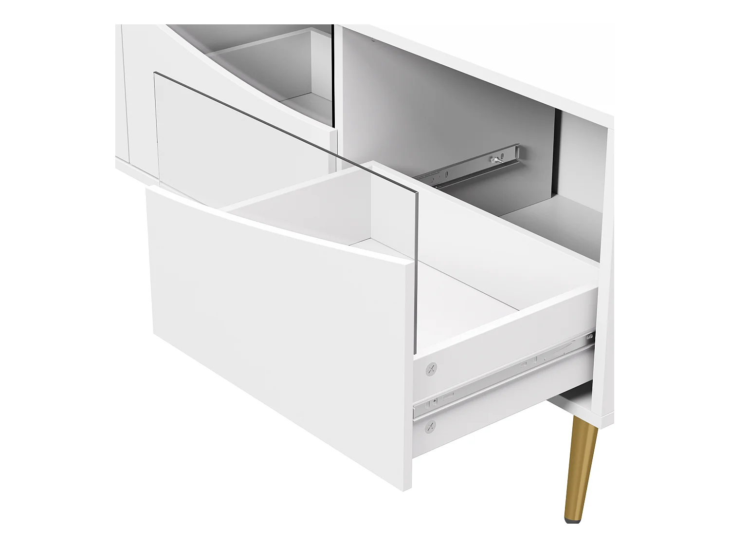 Meuble TV moderne 180x40x50 cm - 4 tiroirs - avec éclairage LED - Pieds métal - Façade verre - Blanc