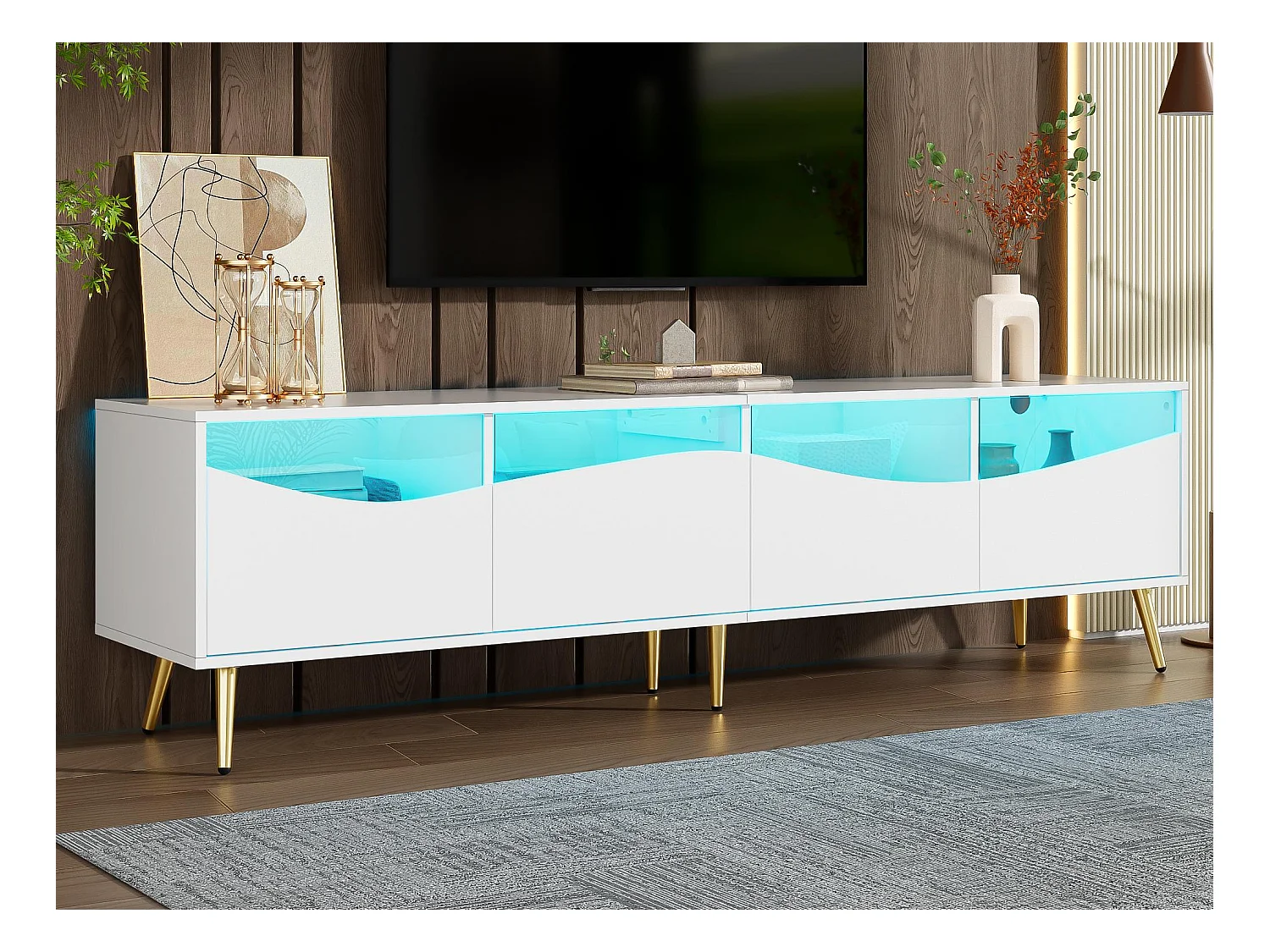 Mueble de TV moderno 180x40x50 cm - 4 cajones - con iluminación LED - Patas de metal - Fachada de vidrio - Blanco