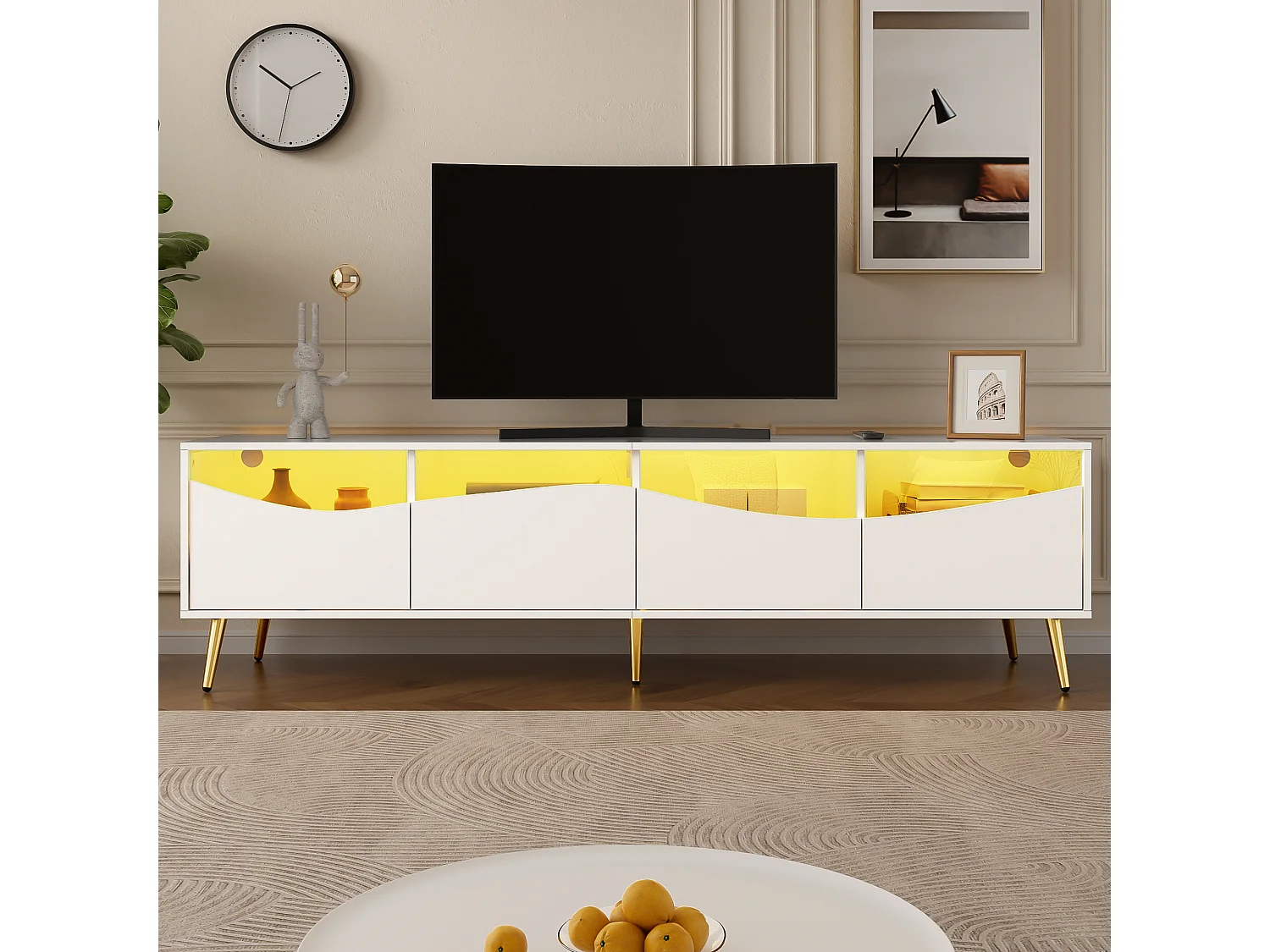 Mobile TV moderno 180x40x50 cm - 4 cassetti - con illuminazione LED - Gambe in metallo - Fronte in vetro - Bianco