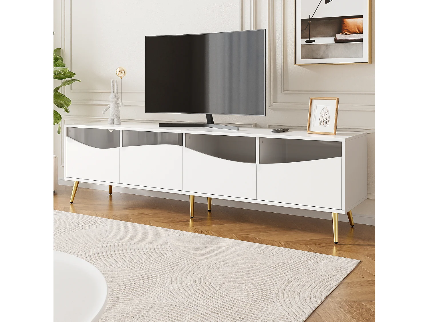 Mobile TV moderno 180x40x50 cm - 4 cassetti - con illuminazione LED - Gambe in metallo - Fronte in vetro - Bianco