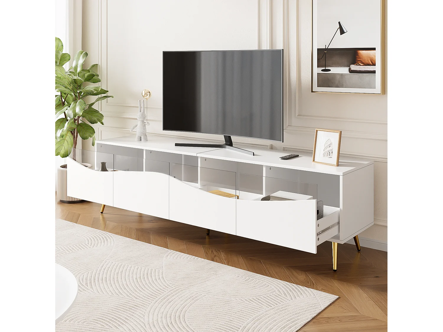 Mobile TV moderno 180x40x50 cm - 4 cassetti - con illuminazione LED - Gambe in metallo - Fronte in vetro - Bianco
