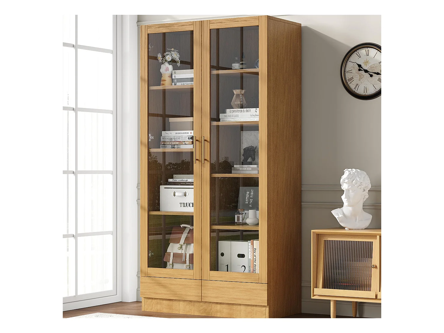 Vitrine 80x40x160cm - 2 tiroirs et 2 portes - portes en verre trempé - étagères multicouches - naturel