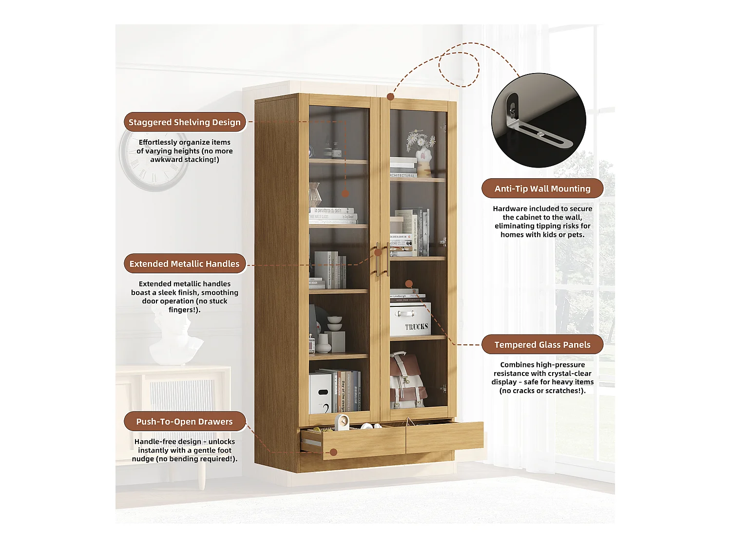 Vitrine 80x40x160cm - 2 tiroirs et 2 portes - portes en verre trempé - étagères multicouches - naturel