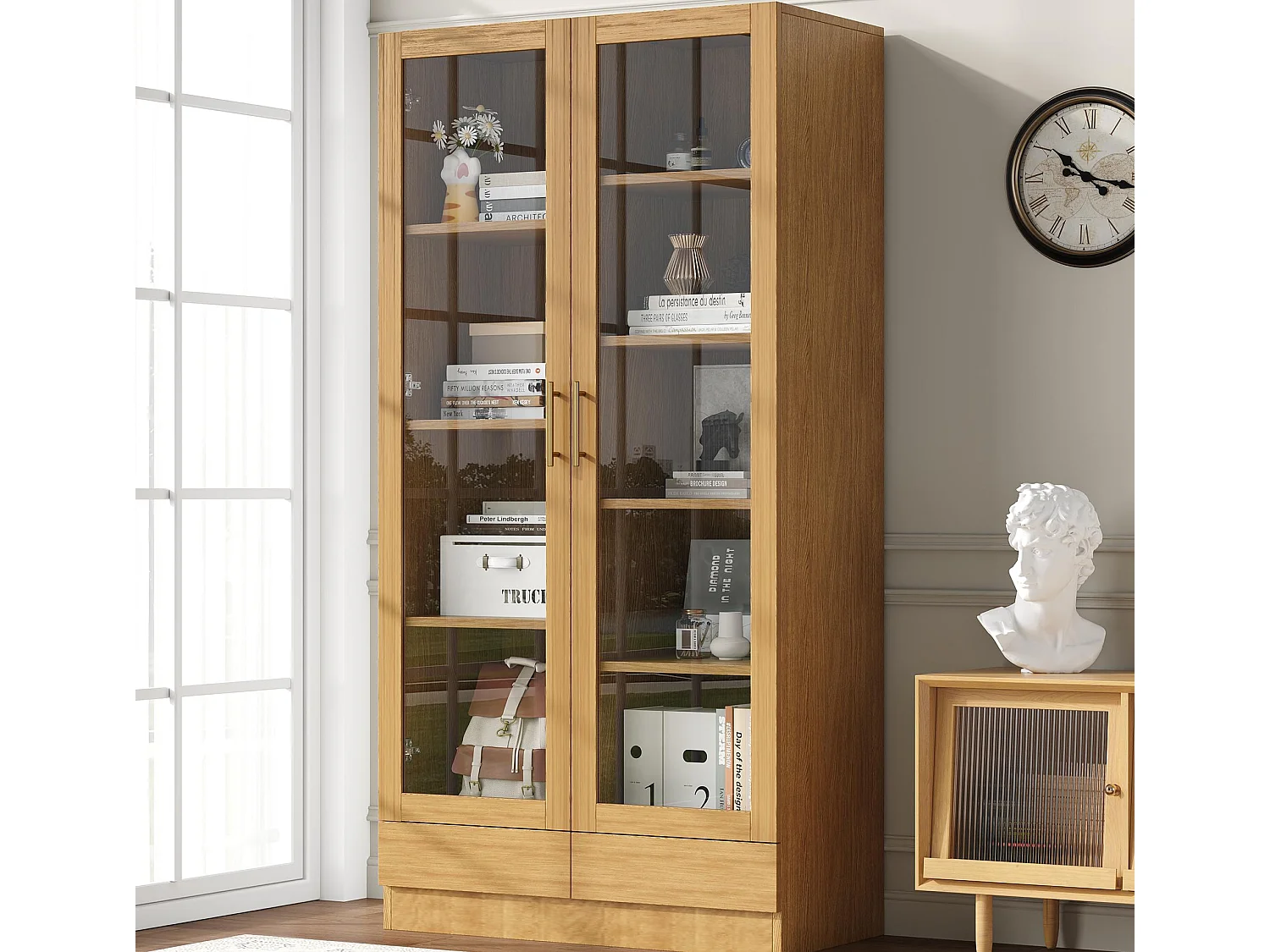 Vitrine 80x40x160cm - 2 tiroirs et 2 portes - portes en verre trempé - étagères multicouches - naturel