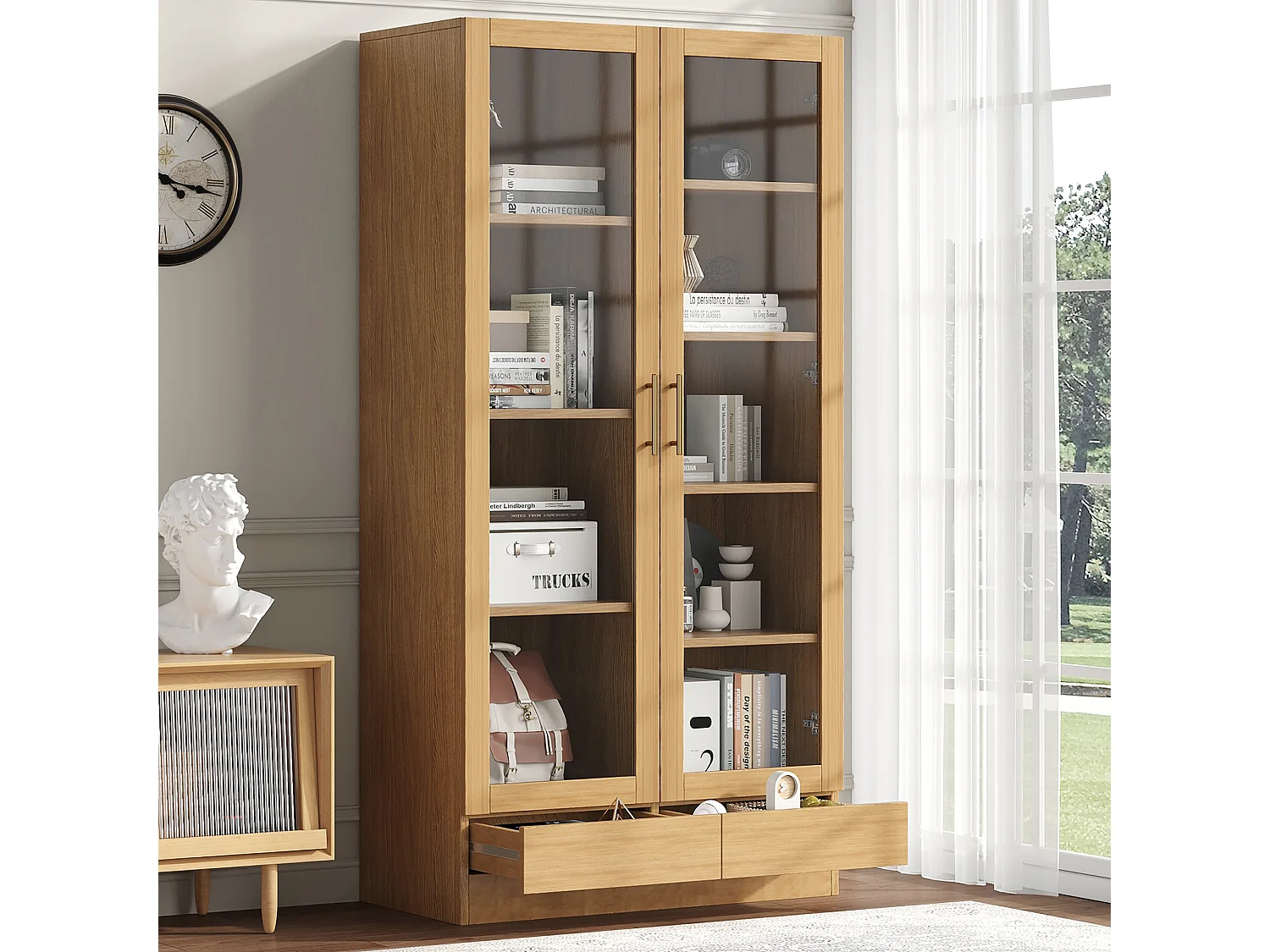 Vitrine 80x40x160cm - 2 tiroirs et 2 portes - portes en verre trempé - étagères multicouches - naturel