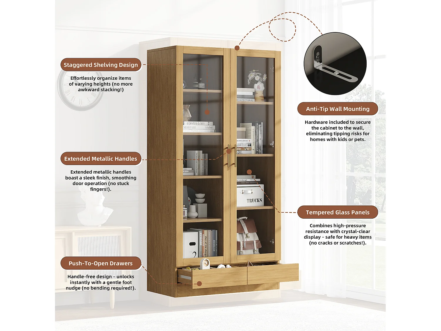 Vitrine 80x40x160cm - 2 tiroirs et 2 portes - portes en verre trempé - étagères multicouches - naturel