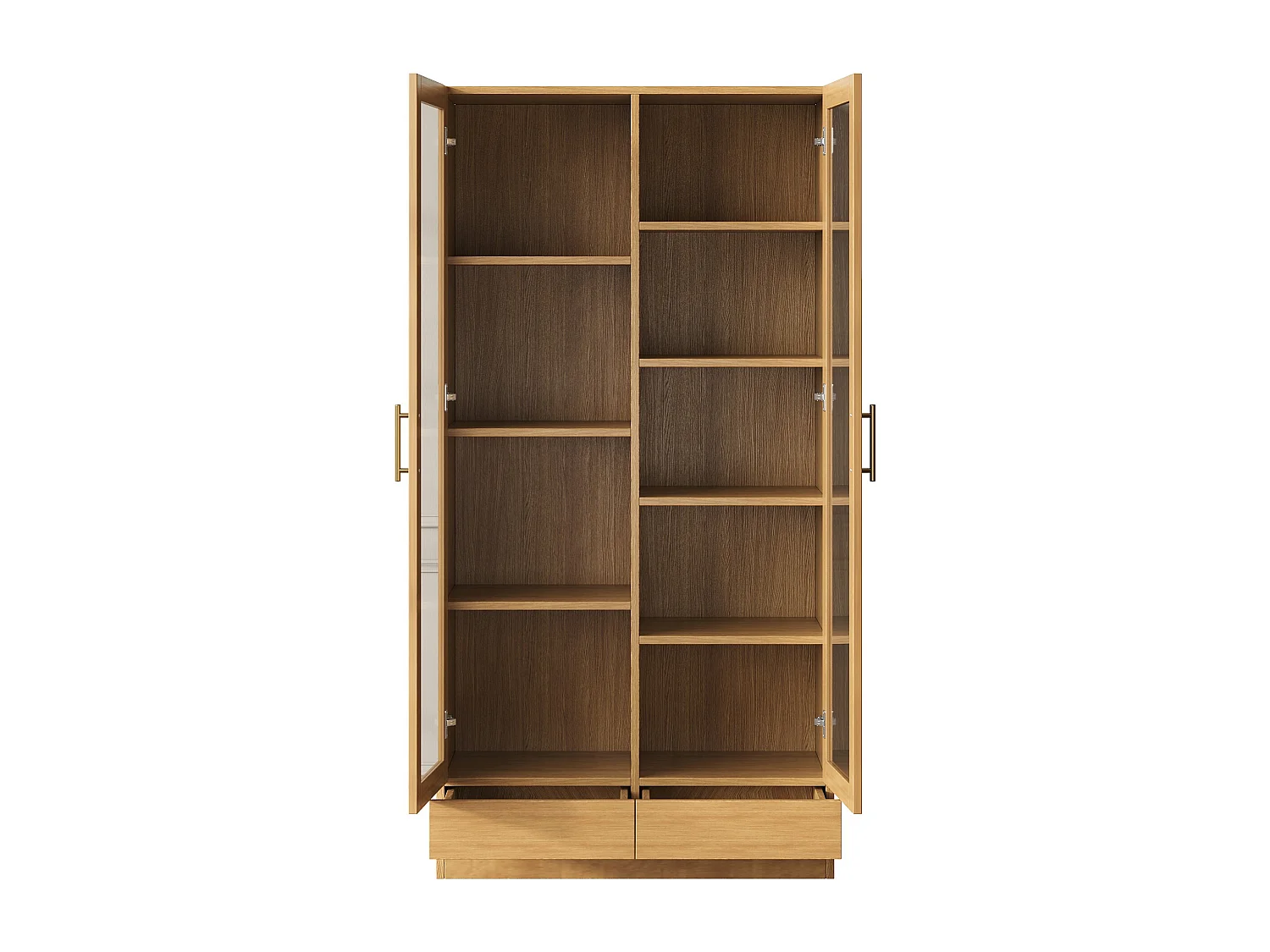 Vitrine 80x40x160cm - 2 tiroirs et 2 portes - portes en verre trempé - étagères multicouches - naturel