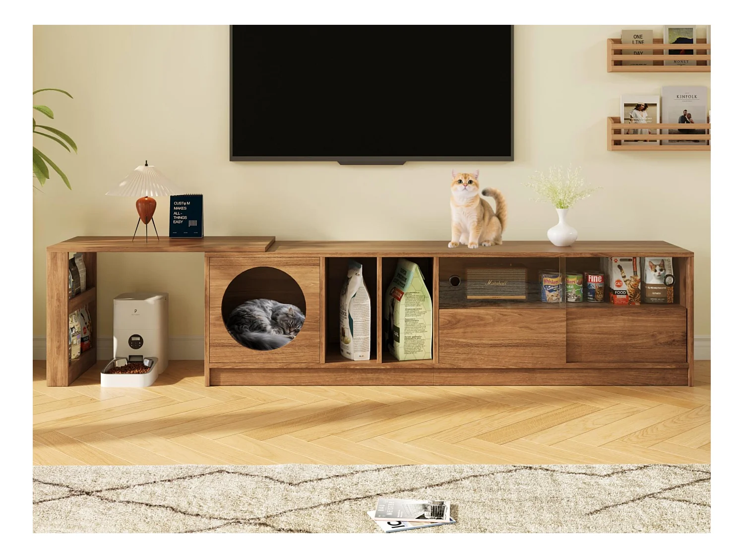 Meuble TV rotatif 180(+80)x40x50cm - espace de repos pour animaux - portes coulissantes - étagères ouvertes - naturel