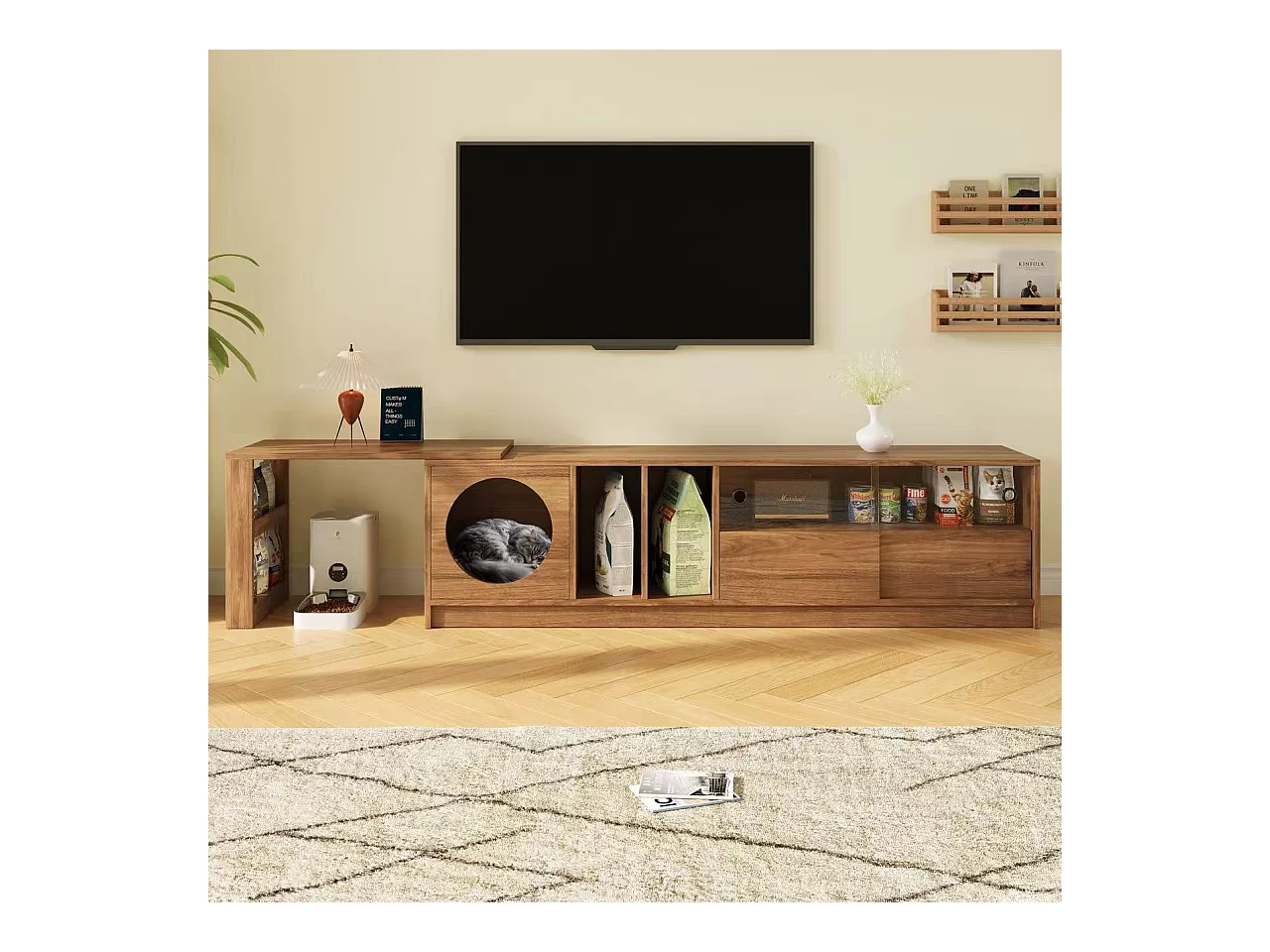 Meuble TV rotatif 180(+80)x40x50cm - espace de repos pour animaux - portes coulissantes - étagères ouvertes - naturel