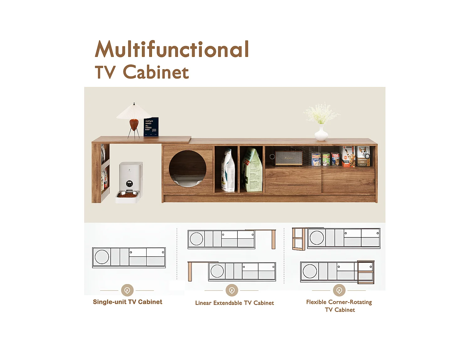 Meuble TV rotatif 180(+80)x40x50cm - espace de repos pour animaux - portes coulissantes - étagères ouvertes - naturel