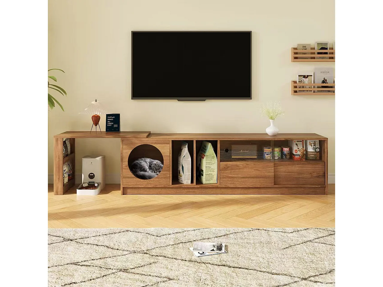 Mobile TV girevole 180(+80)x40x50 cm - riposto per animali domestici - porte scorrevoli - scaffali aperti - colore naturale
