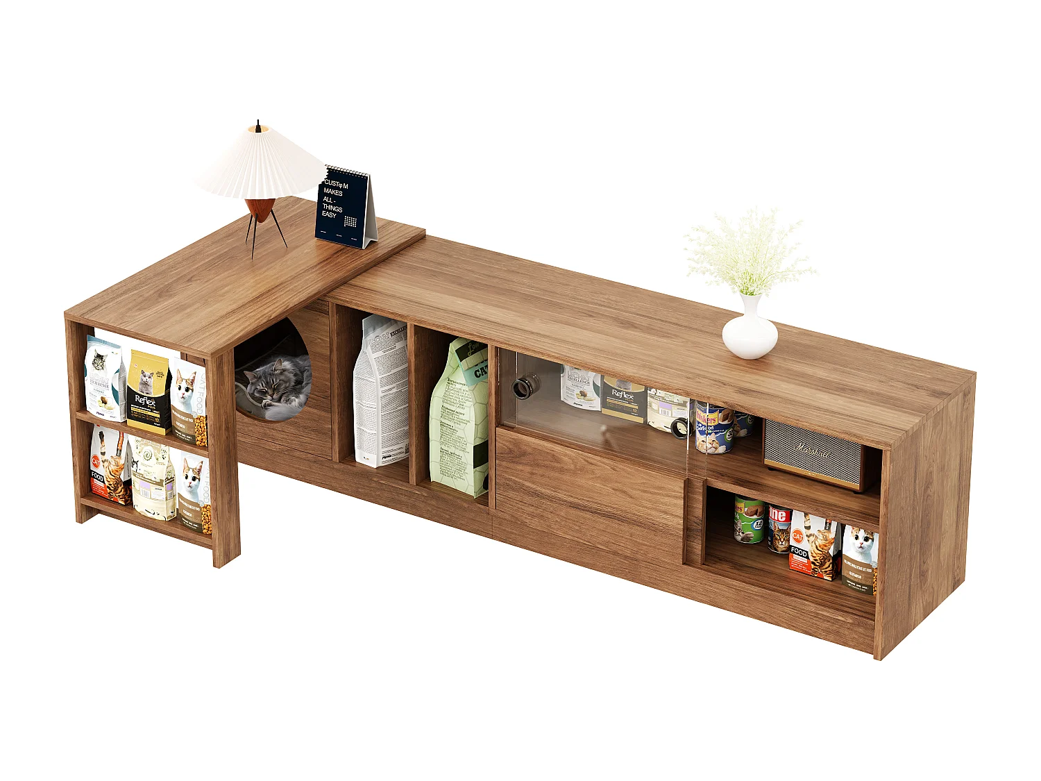 Mobile TV girevole 180(+80)x40x50 cm - riposto per animali domestici - porte scorrevoli - scaffali aperti - colore naturale