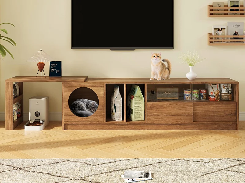 Meuble TV rotatif 180(+80)x40x50cm - espace de repos pour animaux - portes coulissantes - étagères ouvertes - naturel