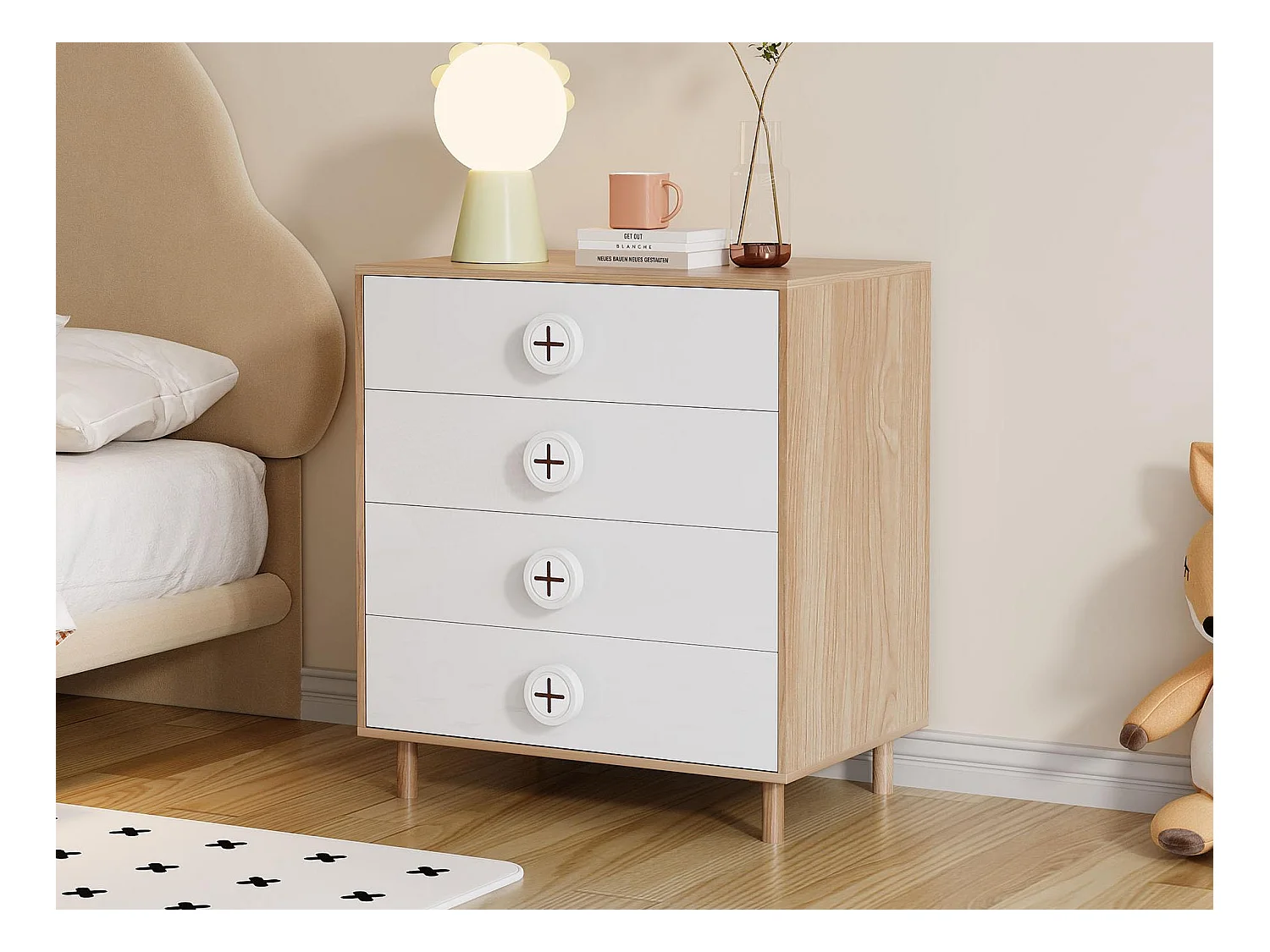 Table de chevet 80x54x90 cm - avec 4 tiroirs - laquée+panneaux de particules - blanc + naturel