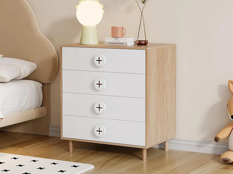 Table de chevet 80x54x90 cm - avec 4 tiroirs - laquée+panneaux de particules - blanc + naturel