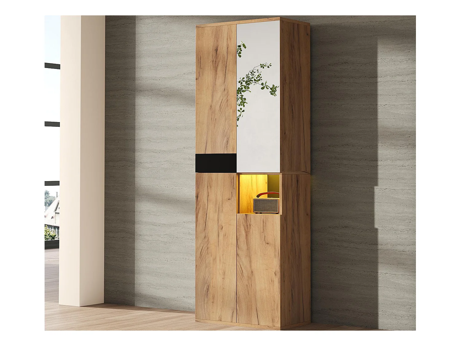 Buffet haut 65x35x190cm - avec 4 portes et 1 miroi - avec 1 compartiment de rangement ouvert - Naturel