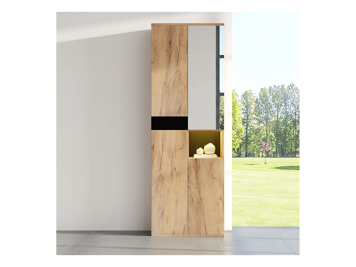 Buffet haut 65x35x190cm - avec 4 portes et 1 miroi - avec 1 compartiment de rangement ouvert - Naturel