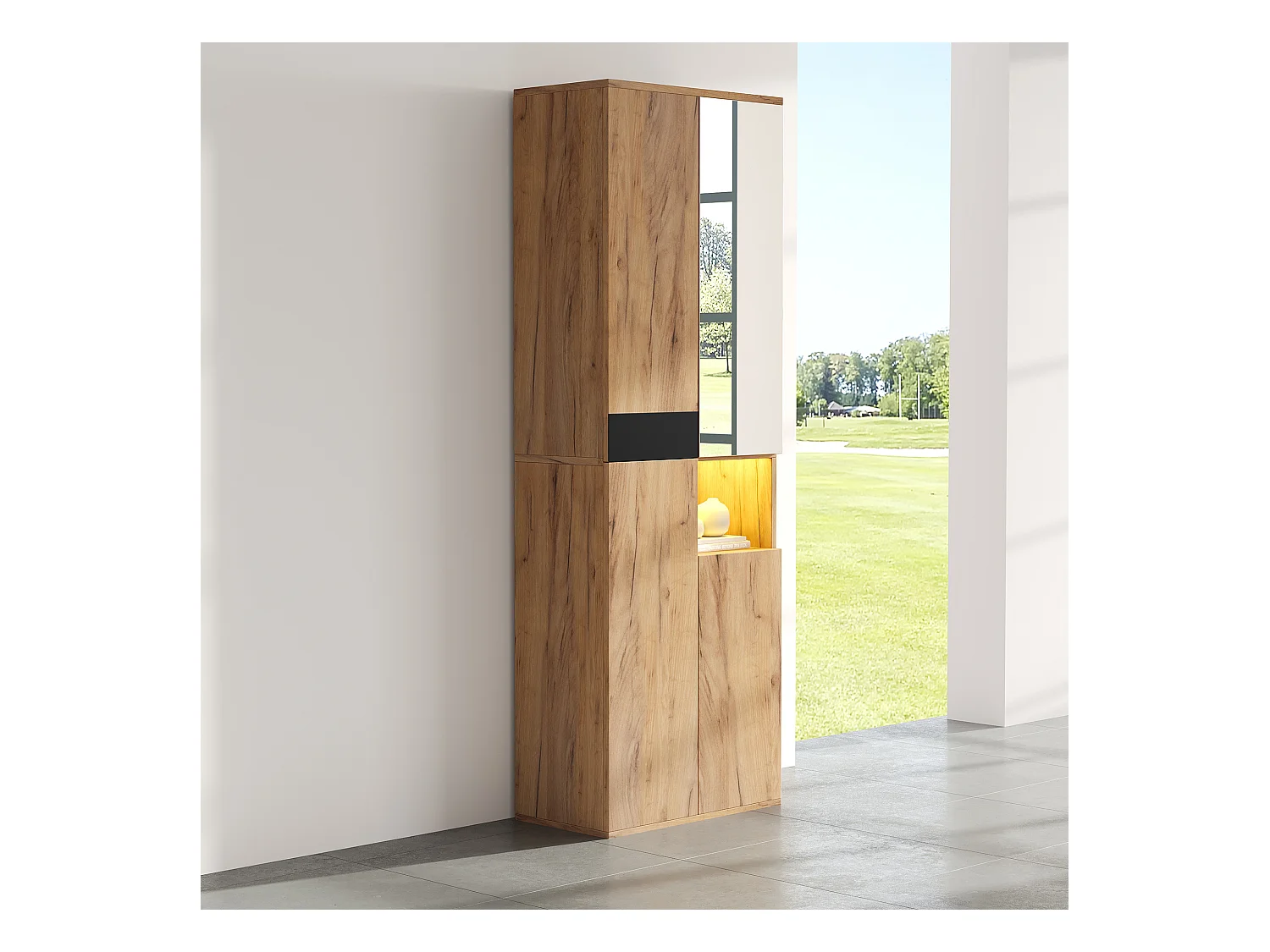 Buffet haut 65x35x190cm - avec 4 portes et 1 miroi - avec 1 compartiment de rangement ouvert - Naturel