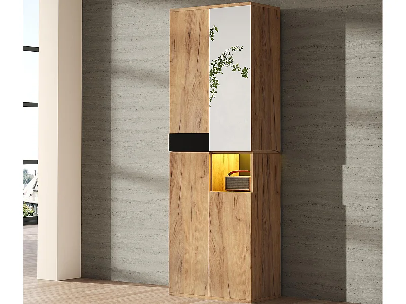 Buffet haut 65x35x190cm - avec 4 portes et 1 miroi - avec 1 compartiment de rangement ouvert - Naturel