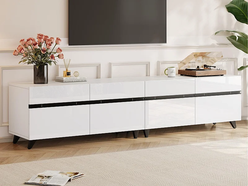 Meuble TV 180x40x49cm - 4 portes - Étagères réglables - Finition brillante - MDF - Blanc