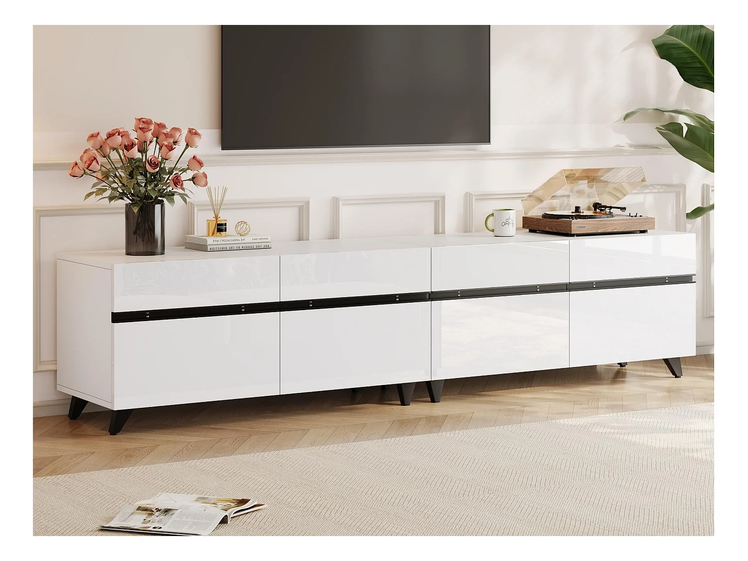 Meuble TV 180x40x49cm - 4 portes - Étagères réglables - Finition brillante - MDF - Blanc