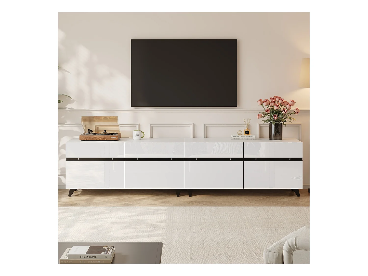 Meuble TV 180x40x49cm - 4 portes - Étagères réglables - Finition brillante - MDF - Blanc