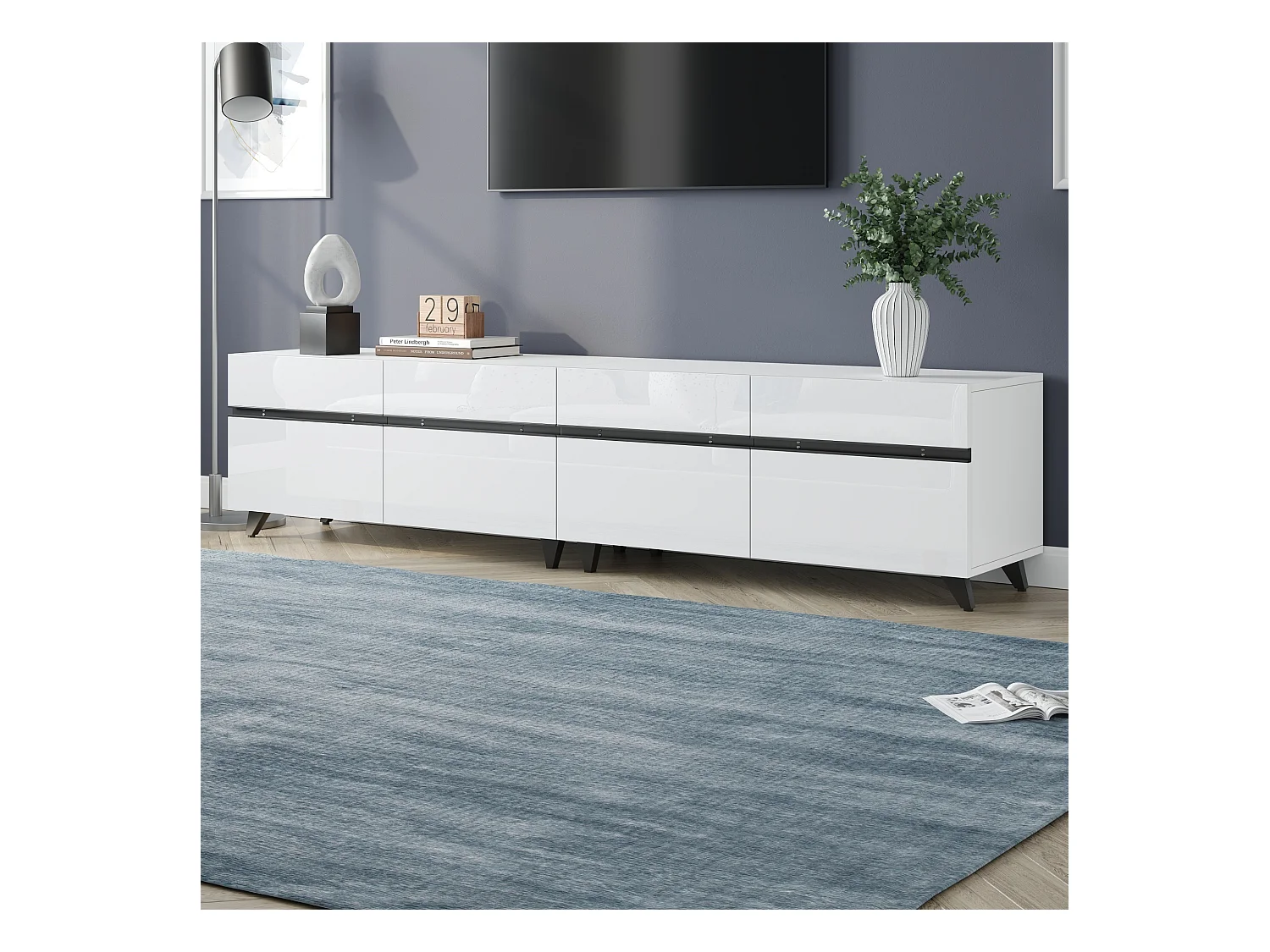 Meuble TV 180x40x49cm - 4 portes - Étagères réglables - Finition brillante - MDF - Blanc