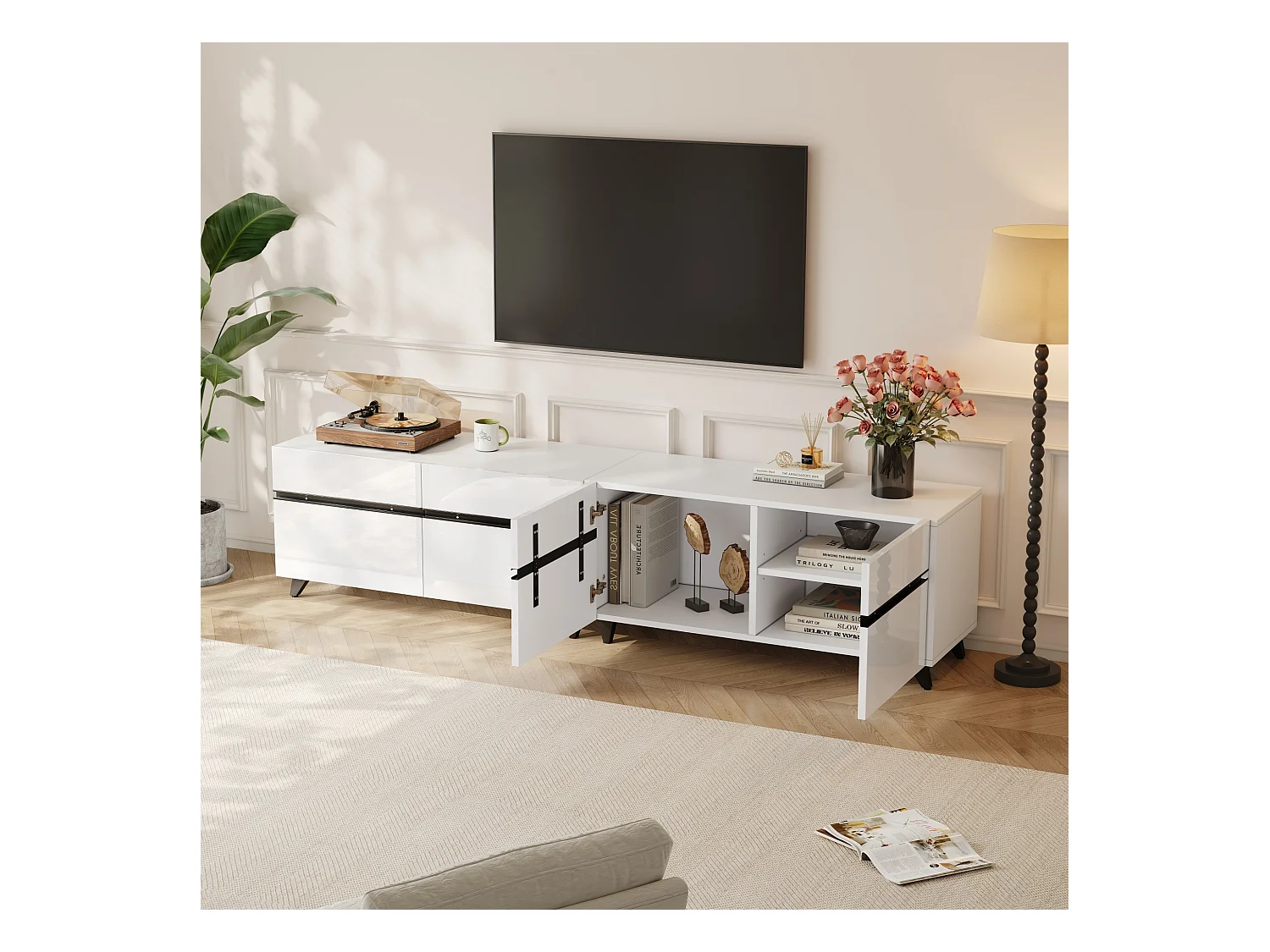 Meuble TV 180x40x49cm - 4 portes - Étagères réglables - Finition brillante - MDF - Blanc