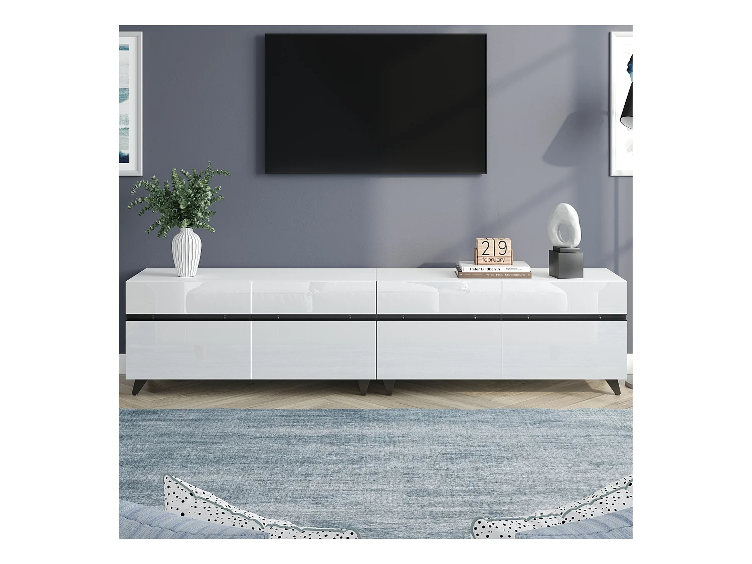 Meuble TV 180x40x49cm - 4 portes - Étagères réglables - Finition brillante - MDF - Blanc