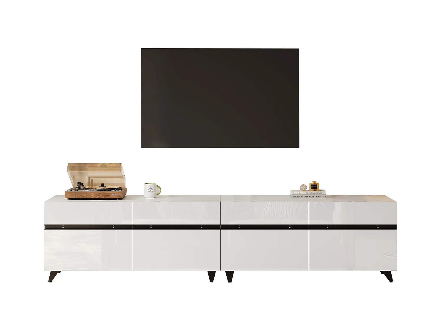 Meuble TV 180x40x49cm - 4 portes - Étagères réglables - Finition brillante - MDF - Blanc